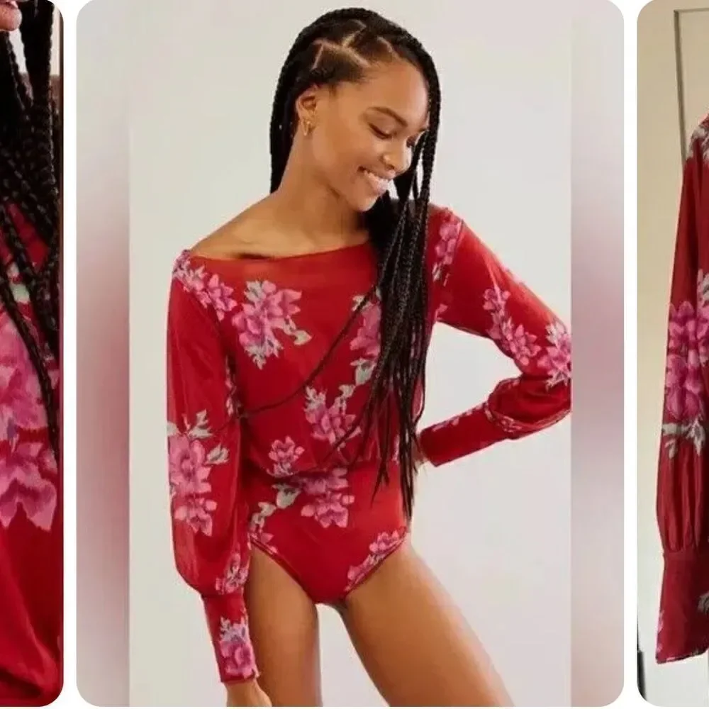 NWOT Free People Undercover Bodysuit XS Floral Thong Off Shoulder Long Sleeve